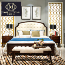 American luxury leather solid wood bed European style simple European luxury master bedroom wedding bed light luxury style upscale hotel double bed