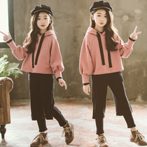 2021 spring and autumn childrens clothing Korean version of the girls short sweater fake two wide leg pants set two pieces