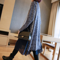 Womens autumn and winter knitted sweater skirt stitching pleated chiffon dress padded mid-length semi-high collar base skirt