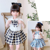 Girl Summer Clothing Suit Dress Trendy Ocean College Wind Academy Wind Short Sleeves Short Skirt Small Children Girl Plaid two sets