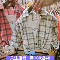 Childrens long sleeve shirt spring and autumn boys and girls Korean version of mosaic fake two-piece jacket foreign boy cotton plaid shirt