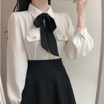 Shirt woman design feeling small crowd 2022 Spring autumn new Korean version turned over butterfly knot lace long sleeve shirt blouse