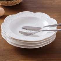 Creative tableware pure white household relief dish plate bone china round deep dish steamed soup plate ceramic dish plate