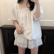 Pajamas womens summer princess wind suit cotton lace short sleeve cute girl white spring and autumn home dress two-piece set