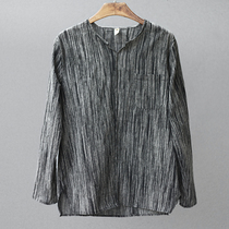 Original long-sleeved base T-shirt mens casual cotton and hemp cover head coat thin section Chinese literature and art retro linen base shirt