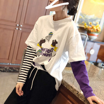 Fake two-piece t-shirt womens long-sleeved sweater thin white solid color Korean version of sports personality early autumn 2021 European station