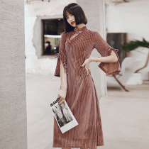 Velvet cheongsam autumn young high-end temperament retro modified dress daily wear long seven-point sleeves