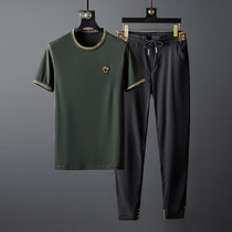 Ice silk casual sports suit mens summer thin breathable quick-drying high-end mens short sleeve T-shirt trousers two-piece set