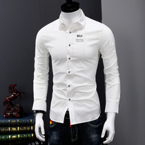  Mens long-sleeved shirt Korean version of the trend autumn small fresh linen casual inch shirt slim handsome mens white shirt