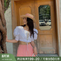 deessesicile female group BM style retro foam with high waist ruffles white shirt woman blouse