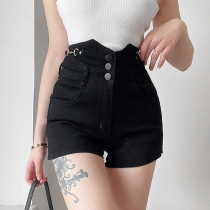 H home European station elastic sexy super high waist denim shorts female chic versatile black metal buckle dance hot pants