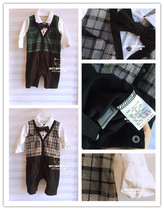 Japanese handsome bow tie boy baby 100 days full moon 18 years spring and summer gentleman plaid cotton conjoined