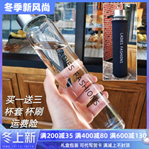 Drinking water cup with lid portable female adult thin water Cup boys Korean creative trend English transparent glass