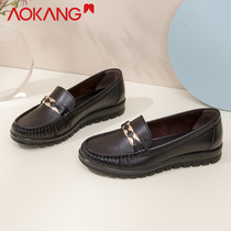 Aokang womens shoes new leather Bean shoes non-slip mother shoes soft leather soft soft bottom casual comfortable versatile womens single shoes