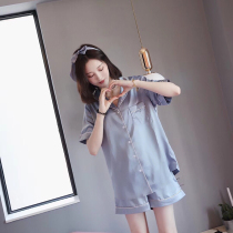 Haze blue pajamas short sleeve shorts simulation silk pajamas Satin Ice Silk home clothes women summer pajamas set Net Red