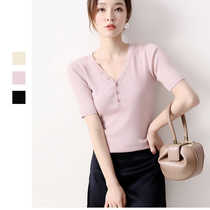 Japanese womens summer New High content Tencel Henry V-neck buckle thread slim slim half-sleeved sweater