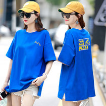 Long cotton short sleeve t-shirt women loose size fat mm half sleeve spring summer summer 2021 new blue top