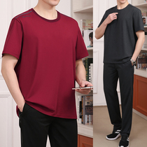 2022 Summer slim Breathable Middle Aged Sports Suit Man Short Sleeve Red Round Collar T-shirt Dad Casual Clothes