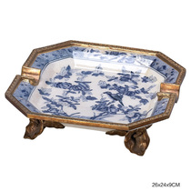 Cigar ashtray large blue and white porcelain ceramic exquisite copper carved base smoke trough Hundred Flowers competing for RETRO study decoration