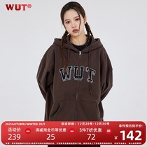 (WUT official store) three-color basic embroidered logo cardigan sweater heavy 450g plus velvet jacket Xinjiang Cotton