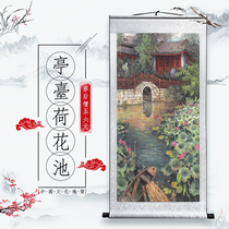 Pavilidae Lotus Pond Botanical Flowers New Classical Genguan Decoration Painting Vertical Version Hung Painting Xuan Paper Scroll Framed Scenery
