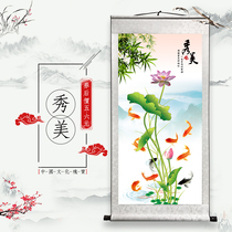 Show Beauty Decoration Living Room Character Painting Decoration Hanging Painting Modern Imitation Ancient Character Painting Scroll Framed Xuan Paper Carp Lotus