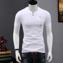 Mens short-sleeved T-shirt summer thin cotton Korean version of the trend body slim handsome Tide brand Joker V-collar clothes men