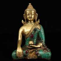 Nepal Tibetan old pure copper hand built with inlaid jewel painted sketching gold Sakyamuni Buddha statues swaying pieces