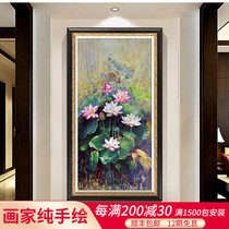 Real hand painting real lotus oil painting introduction to the door of a single vertical pendant drawing drawing room aisle library decoration painting