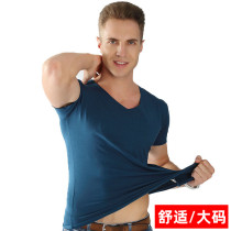 Fat-up mens short-sleeved T-shirt V-neck loose half-sleeve elastic cotton fat fat guy special size T-shirt