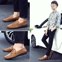 Mens Bean shoes leather soft bottom 2021 New lazy driving shoes Korean tide hollow breathable casual leather shoes men