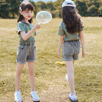 Girls summer suit 2021 New Korean version of foreign style clothes childrens short sleeve summer denim shorts two-piece tide