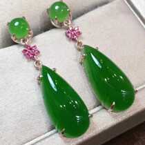 18k thick gold inlaid with natural Xinjiang and Tian Beyyu water drop earbuds ice bottom old stock Zhengyang green womens ear nails