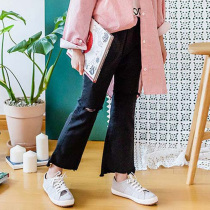 2021 Korean childrens wear stripes long split shirt skirt spring and autumn girls broken jeans Horn long pants