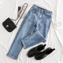 2021 spring new high-waisted straight jeans women wrinkled buttons vintage slim pants women nine points smoke pipe pants