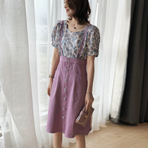 Europe Station 2022 Summer New European Cargo Purple Harnesses One-piece Dress Two Sets Women Fashion Casual Braces Skirt Suit