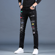  Tide brand perforated embroidered jeans mens spring and autumn slim-fit printed small pants trend casual personality black long pants