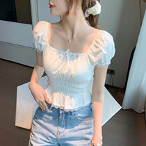2021 summer new French white lace square collar short-sleeved bubble shirt short-sleeved chiffon shirt sweet tie upper coat for women