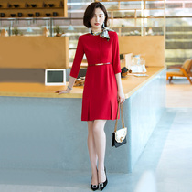 Red dress summer seven-point sleeve OL professional wear female Korean version of waist thin temperament light familiar tooling A- line dress