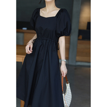 2021 summer new Hepburn style small black skirt casual square collar design cotton drawstring waist thin dress