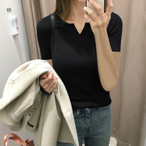 V-neck slim knitwear women 2021 spring new short sleeve tight ice silk T-shirt women with short bottom top