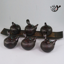 Japans often slippery and burning Kato Tadao made a marbled black mud emergency side handle the back hand bubble teapot