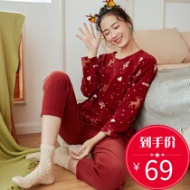 Top croaking pajamas female spring and autumn long sleeve top melon cute printing Korean version of pullover head fleece home clothing set