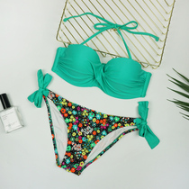 Green Korean floral mix and match fresh lace-up bandeau steel support small chest split triangle bikini pregnant women swimsuit