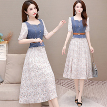 Floral dress set summer Women 2021 New thin age denim jacket skirt conjoined two-piece set