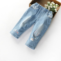 Girls denim shorts Capri pants Chia girl Summer new high waist super soft light color washed pants thin 7