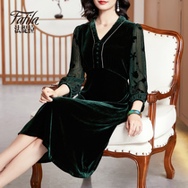 V-neck silk dress womens long-sleeved autumn clothes new waist slimming large size gold velvet skirt wedding mother dress
