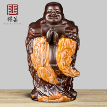 Redwood black sandalwood Maitreya Buddha woodcarving Buddha statue wooden ornaments Ruyi solid wood carving living room wooden crafts