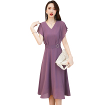 Large size womens summer dress new fashion temperament collar long solid color dress waist dress