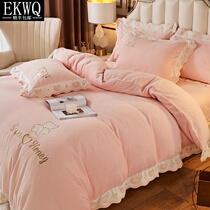 EKWQ milk velvet four-piece set winter flannel thickened velvet double-sided coral velvet duvet cover sheets Fitted sheet bed